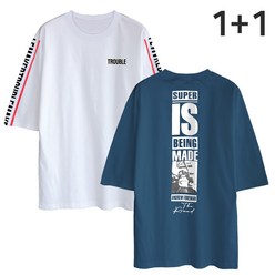 2장세트 1+1 5부 오버핏 반팔티 슈퍼이즈+트러블 남녀공용 반팔 티셔츠