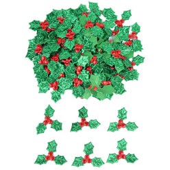 100Pcs 귀여운 반짝이 녹색 홀리 잎과 레드 베리 크리스마스 장식 테이블 장식 스틱 온 DIY 아트 패브릭 액세서리, T01