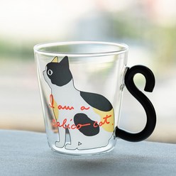 머그컵 고양이유리컵 귀여운컵 머그잔 홈카페 티그린, 1개, 블랙