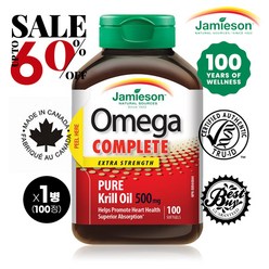 캐나다 국민 브랜드 1등 자미에슨 최대 60% 오메가 퓨어 크릴오일 500mg 100정 Jamieson Omega Pure Krill Oil EPA DHA 항산화제, 500mg x 100정 x 1병
