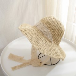 비에심플 여성 여름 모자 레이스리본 밀짚 플로피햇