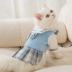 고양이옷 강아지 실내복 애견 가을옷 겨울옷 니트 원피스 세라복 코스튬 JK 스커트, 하늘색