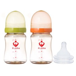 플로라(plora) 150ml(PP) 200ml(PPSU) 300ml (PPSU)프리미엄 젖병1+1 유두실감젖꼭지 젖병, 200ml그린+오렌지, 중간단계(3~6개월), 2개