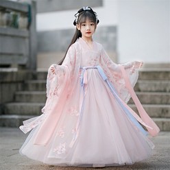 한푸 중국옷 사극의상 선녀옷 어린이 고대 의상 봄 가을 요정 공주 중국 벚꽃 자수 전통 드레스