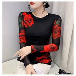미미투 BT1838 여성 레드장미쫄티 타이트핏 긴팔 스판티셔츠 봄가을 데일리 꽃무늬