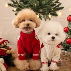 큐앤캐롯 귀여운 강아지 크리스마스 노르딕 니트, 화이트색