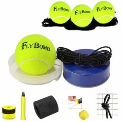 [정품]Flybomb 휴대용 테니스 트레이너 0.9kg(2파운드) 무게 헤비 아이언 베이스 훈련 도구 운동 공 스포츠 자체 학습 교체 리바운드 볼 3개+손목 밴드+오버그립+링+댐