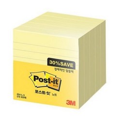 3M 포스트잇 라인 노트 줄 메모 알뜰팩 76mm x 76mm 654-5A-L 500매, 1개입, 노랑