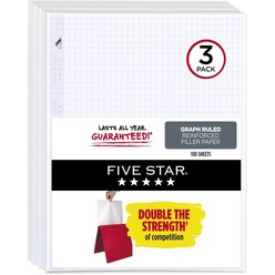 3 Pack 100 Sheets Five Star Loose Leaf Paper 3 Pack Notebook Paper Graph Paper Reinforced Filler Paper Fights Ink Bleed 8.5 x 11 100 Sheets p, 1, Pack of 3