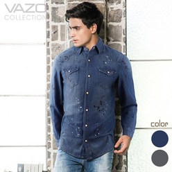 VAZO 남성 청남방 슬림핏 남자 페인팅 데님셔츠