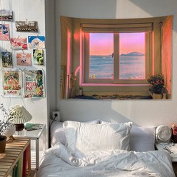 대형 특대형 가리개 감성 창문 패브릭 포스터 바다 풍경 그림 사진 거실 벽 인테리어 천 액자, 7.해질녁바다