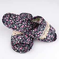 BOFO 여성용 거실 천 슬리퍼 퀼트 면 실내화, 더블형-5번 네이비 핑크 들꽃, 1개
