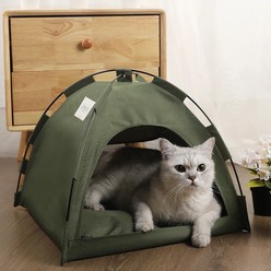 [까투리네] 댕냥이 사계절 텐트 하우스 + 방석 (군녹색 L 50*50*45cm), Army Green(군녹색)