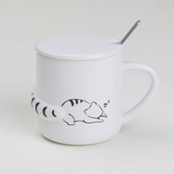 [쿡차 고양이 머그컵] 귀여운 홈카페 도자기 머그잔+머그 컵 뚜껑, 1개, 화이트-자냥