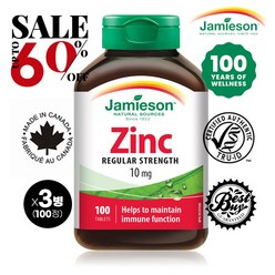 캐나다 국민 브랜드 자미에슨 최대 60% 아연 10mg 100정 Jamieson ZINC 10mg 100 Tabldts 면역 체계 지원 건강한 피부 유지, 100정 x 3병, 3개