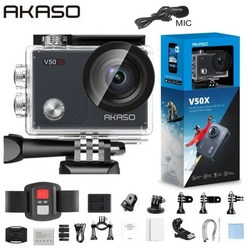 AKASO V50X WiFi 액션 카메라 네이티브 4K30fps 스포츠 카메라와 EIS 터치 스크린 조정 가능한 각도 131 피트 방수 카메라, 중국, U3 32G 카드로, 마이크 포함