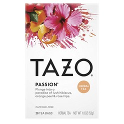 TAZO Passion Hibiscus Tea 타조티 패션 히비스커스 로즈힙 논카페인 허브티 티백 20개입 6팩, 6개, 52g