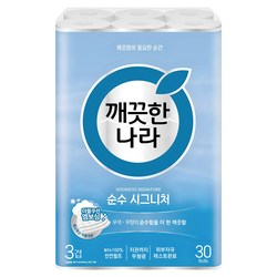 깨끗한나라 순수 시그니처 천연펄프 3겹 롤화장지, 27m, 30롤, 1개