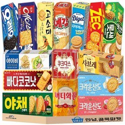 비스킷 15개 종합 세트 ( 롯샌 빠다코코낫 야채크래커 롯데 제크 해태 에이스 크라운 딸기산도 크림산도 사브레 아이비 고소미 다이제 샌드 버터와플 쿠크다스 예감 치즈샌드 오레오 ), 1세트, 비스킷 15종
