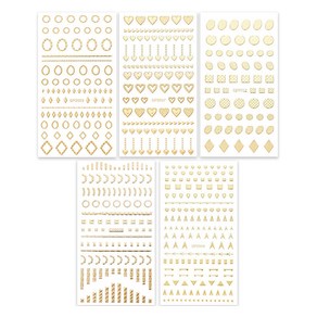 3D 골드 도형 메탈 네일 스티커 5종 세트, 블럭바, 드롭어로우, 리스, 하트, 서클와플, 1세트