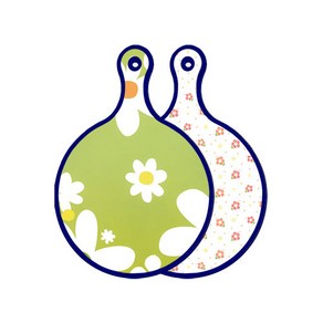 로엠디자인 블루에디션 양면 원형 서빙 도마 floral design하얀개나리, 훈색나팔꽃화이트, 1개