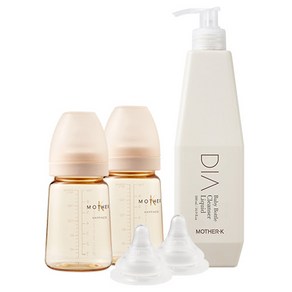 마더케이 유아용 베이직 PPSU 노꼭지 젖병 180ml 트윈팩 + 1단계 젖꼭지 2p + 디아 젖병세정제 500ml 세트, 1단계(SS/0~1개월), 크림, 1개