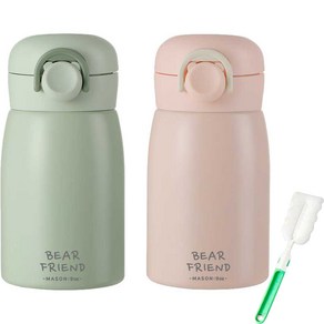 푸코 베어프렌드 원터치 보온병 2p + 세척솔 세트, 350ml, 그린, 핑크(보온병)