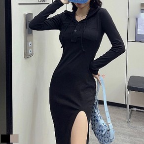 비비에모 슬림핏 후드 스트링 포켓 트임 롱 원피스 04993