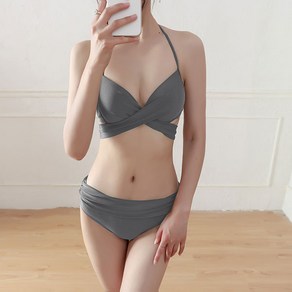 솔레일 여성용 홀터넥 X자 꼬임 비키니 수영복, 그레이
