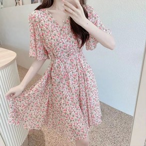 여성용 블랙101 스켈라이 반팔 브이넥 미디움 원피스 CH-2318383