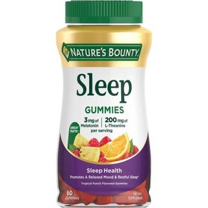 Natue's Bounty Sleep Gummies 3mg 및 L테아닌 200mg 100 약물 없는 수면 보조제 건강한 주기를 촉진 60개, 60 Count (Pack of 1), 1개, 60정