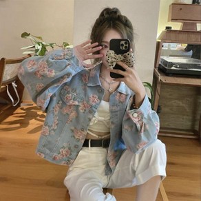 여성용 데일리 데님 자켓 빈티지 봄가을 오버사이즈 여자 숏 데님 코트 캐주얼 간절기 플라워 여성 청자켓 크롭 잠바 CJJ