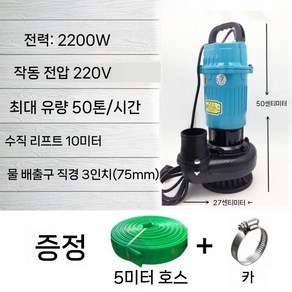 수중 펌프 2마력 수중모터 정화조 양수기 워터펌프 배수 스텐 관개 농업용 농업 물펌프, 2200W 3인치 10m 220V, 1개, 2200W 3인치 10m 헤드 220V