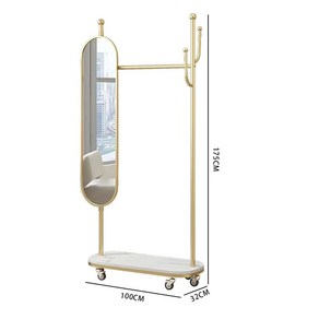 카미르 거울 드레스룸 옷방 수납 스탠드 코트 100x32x175cm 전신거울행거 화이트 이동식, 골드대리석밴드회전미러100x32x175cm