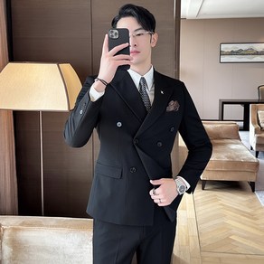 Enyofe 남성용 겨울더블 정장세트 재킷+조끼+바지 쓰리피스 블랙슈트