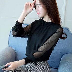 죠니제리 쉬폰 블라우스 여성 시스루 하객룩 햇빛가리개 루즈핏 스탠드칼라 긴팔