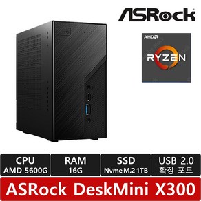 ASRock DeskMini X300 120W 대원씨티에스 /AMD 5600G CPU + 16GB RAM + 1TB (NVMe SSD) 추가/USB 확장포트증정/미니PC/조립PC, 블랙, Fee DOS