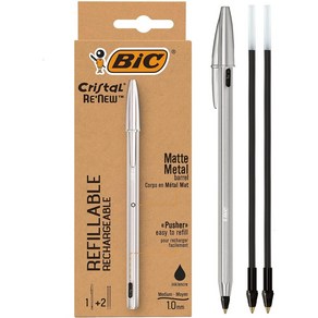 Bic Japan 빅(Bic) 볼펜 크리스탈 Re'New 1.0 유성 검정 + 2 리필 BOX CRBLK-3P, 1개, 상품명참조