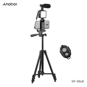 Andoer 휴대용 스마트폰 유튜브 촬영 장비 키트 마이크 키트(삼각대 + D-05 마이크 + 셔터 리모콘 + LED 촬영 조명 + 스마트폰 거치대)