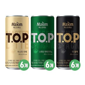 [제트스카이] 티오피 T.O.P 200ml 캔커피 캔음료 3종 6캔씩 / 마스터 라떼 / 더 블랙 / 스위트 아메리카노, 1세트