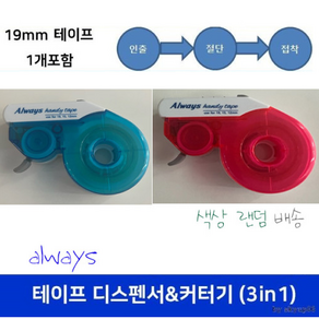 19mm 테이프 디스펜서 & 커터기 (인출 절단 접착) 테이프 포함 19mm X 30미터까지 가능 칼라랜덤, 상세페이지 참조, 1개