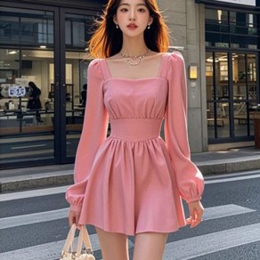 besteffie 긴팔 레트로 여성 미니 원피스 스퀘어넥 봄 가을 스탠다드핏 하이웨스트 A라인 단톤 패션드레스 K12