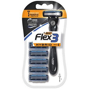 BIC Flex 3 Hybid Men's 3-Blade Disposable Razo 1 BIC Flex 3 하이브리드 남성용 3날 일회용 면도기 손잡이 1개 및 카트리지 5