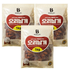 친절한도그씨 빈즈라이크 오리 날개 3kg 1kgx3팩 대형견 애견간식, 1kg, 3개