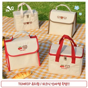 템리스 체리 곰돌이 보냉백 체리베어 도시락가방 보냉가방 런치백 쿨러백 아이스 피크닉 소풍 캠핑 여행용 이유식가방 캔버스, 베이지, 1개