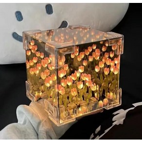 수제 DIY 튤립 거울 큐브 램프 시뮬레이션 꽃 침실 테이블 야간 조명 생일 선물 1개, 01 Pink, 01 분홍색