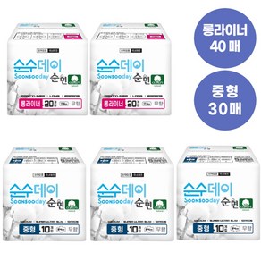 순면 코튼 생리대 순수데이 중형 10매x3팩+롱라이너 20매x2팩 울트라슬림 날개형 안전한 저자극 국내산, 5개, 10개입