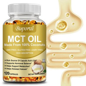 Bupoai MCT 오일 - 1회 제공량당 3000mg - 100% 유기농 코코넛으로 제조 - GMO 없음 냉압착 - 집중력과 장 건강에 좋음, 1박스, 60정