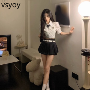 vsyoy 주름 짧은 치마 여성의 여름 슬리밍 높은 허리 스커트 3 피스 세트