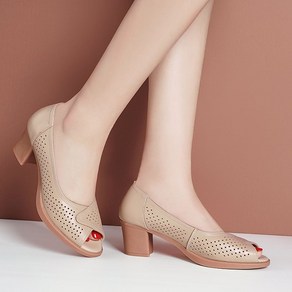 besteffie 여성용 봄 여름 통기성 미들힐 오픈토 슈즈 소가죽 펀칭 무지 여성 여름 슬리퍼 K71